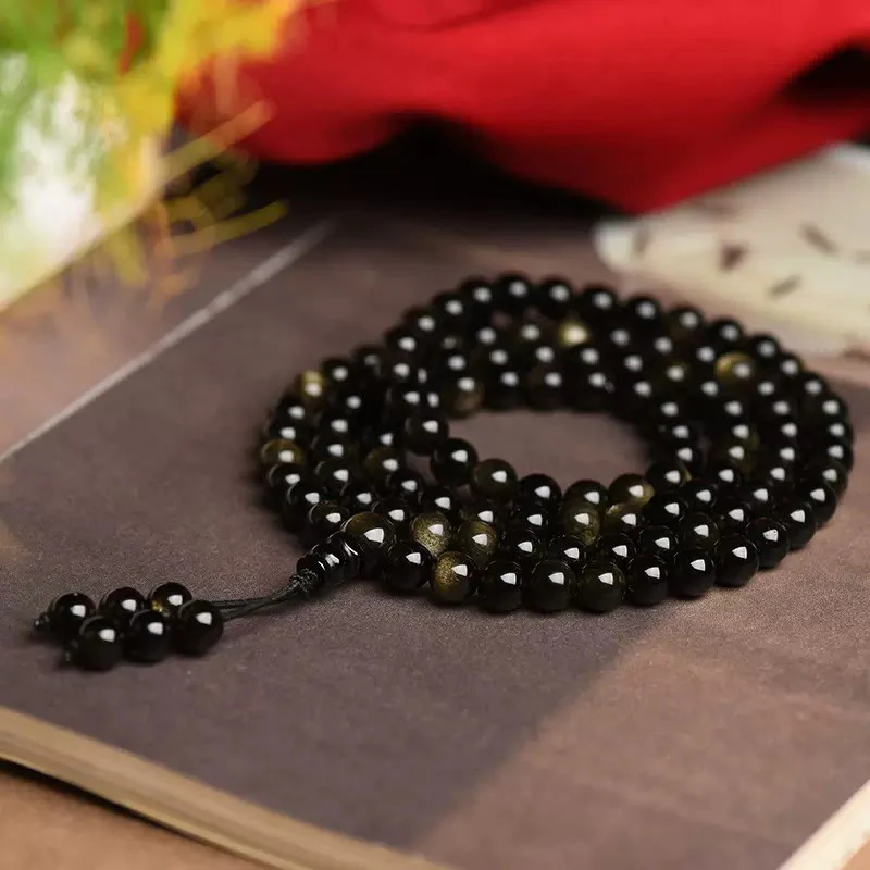 Braccialetto della ricchezza in ossidiana naturale con 108 perle di Mala Buddha Stones - Image 3