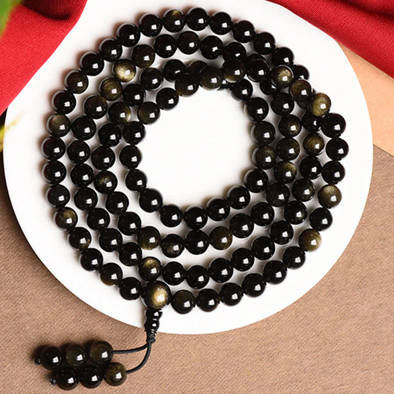 Braccialetto della ricchezza in ossidiana naturale con 108 perle di Mala Buddha Stones - Image 8