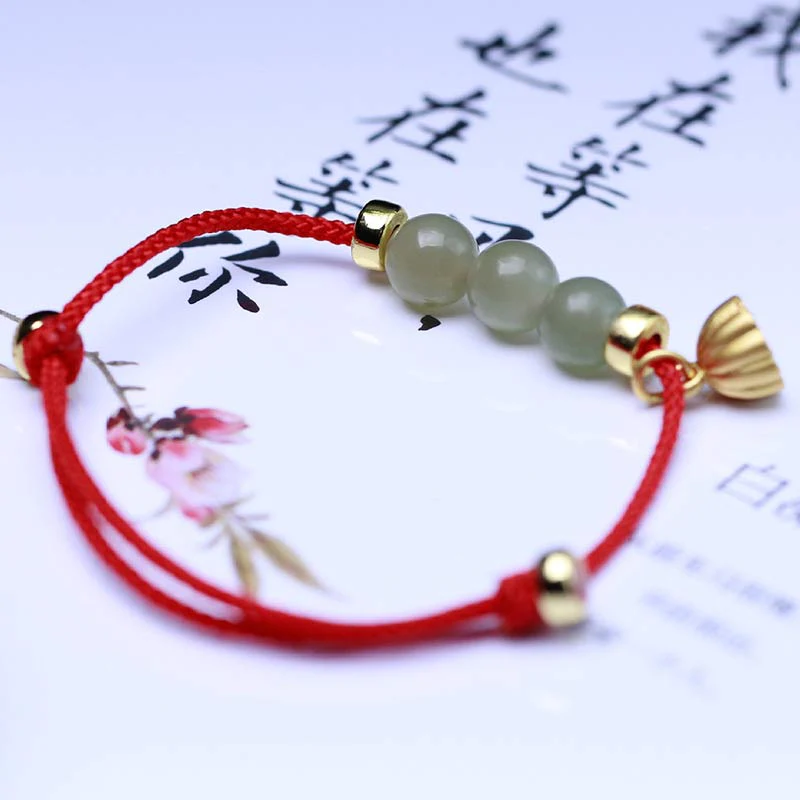 Braccialetto intrecciato con corda rossa in semi di loto di giada naturale Buddha Stones - Image 5