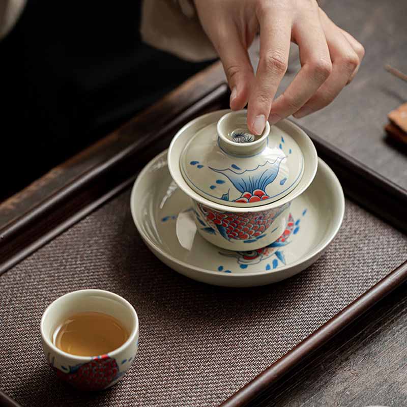 Buddha Stones Koi Fish Arowana Ceramica Gaiwan Sancai Tazza da tè Kung Fu Tazza da tè con coperchio 130ml - Image 15