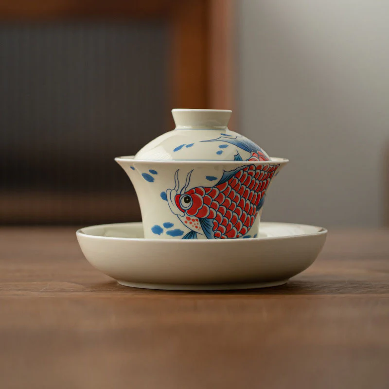 Buddha Stones Koi Fish Arowana Ceramica Gaiwan Sancai Tazza da tè Kung Fu Tazza da tè con coperchio 130ml - Image 3