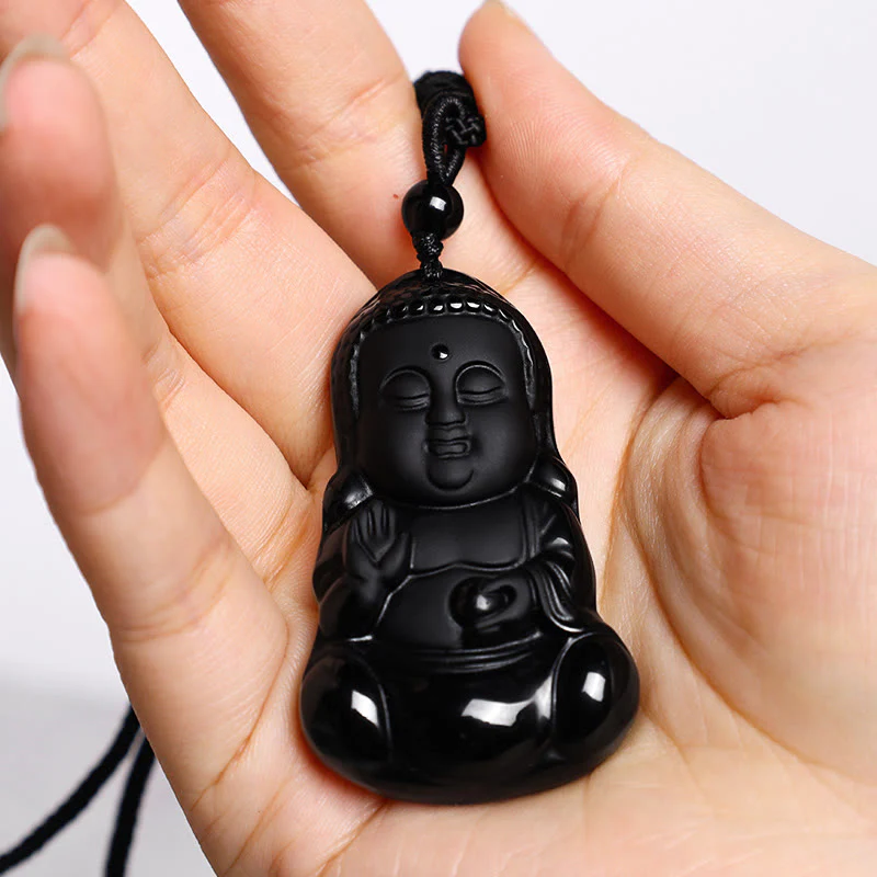Buddha Stones Ossidiana nera naturale Cristallo Buddha Forza Protezione Amuleto Portafortuna Collana Pendente - Image 5