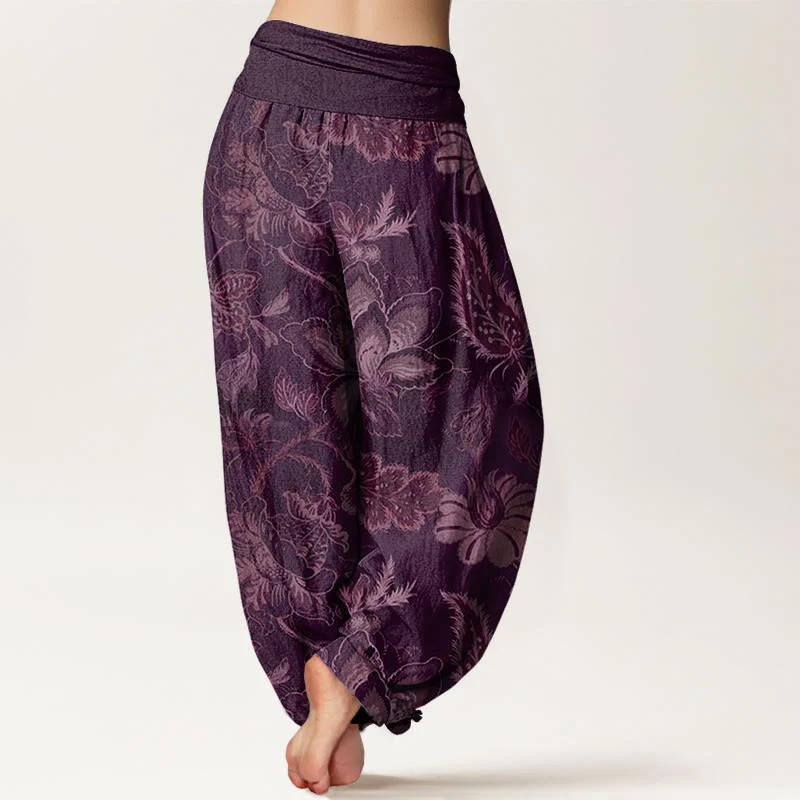 Pantaloni harem da donna con elastico in vita, in cotone, casual, con motivo floreale e foglie, motivo Buddha Stones - Image 10