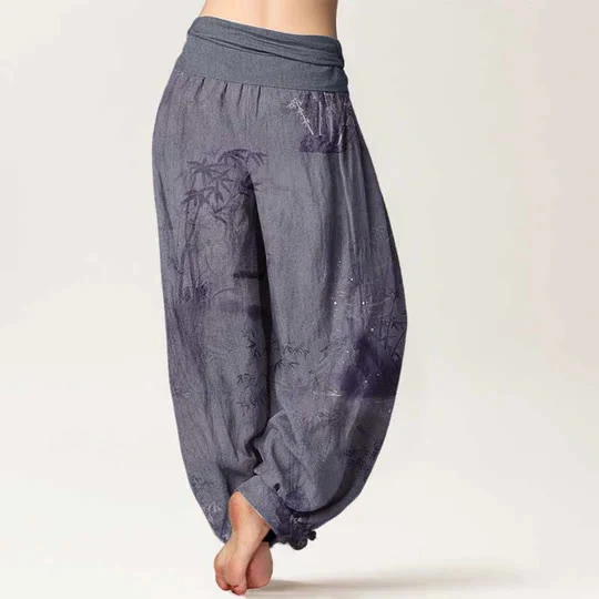 Pantaloni harem da donna con elastico in vita, in cotone, casual, in bambù, con pittura a inchiostro e pietre Buddha Stones - Image 3