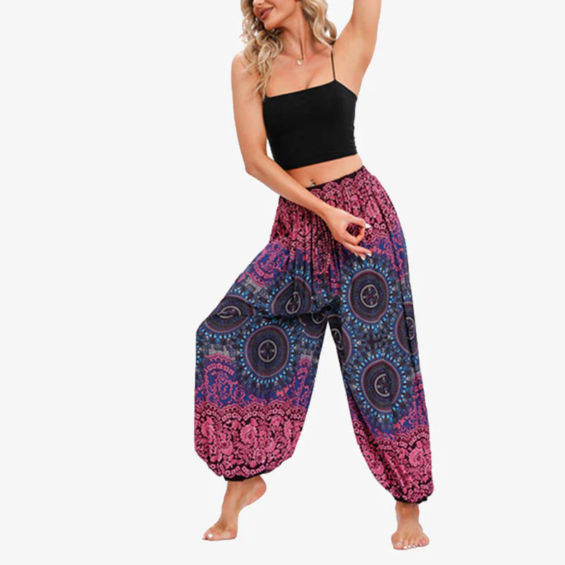 Pantaloni harem larghi da donna con fiori geometrici rotondi e Buddha Stones - Image 3