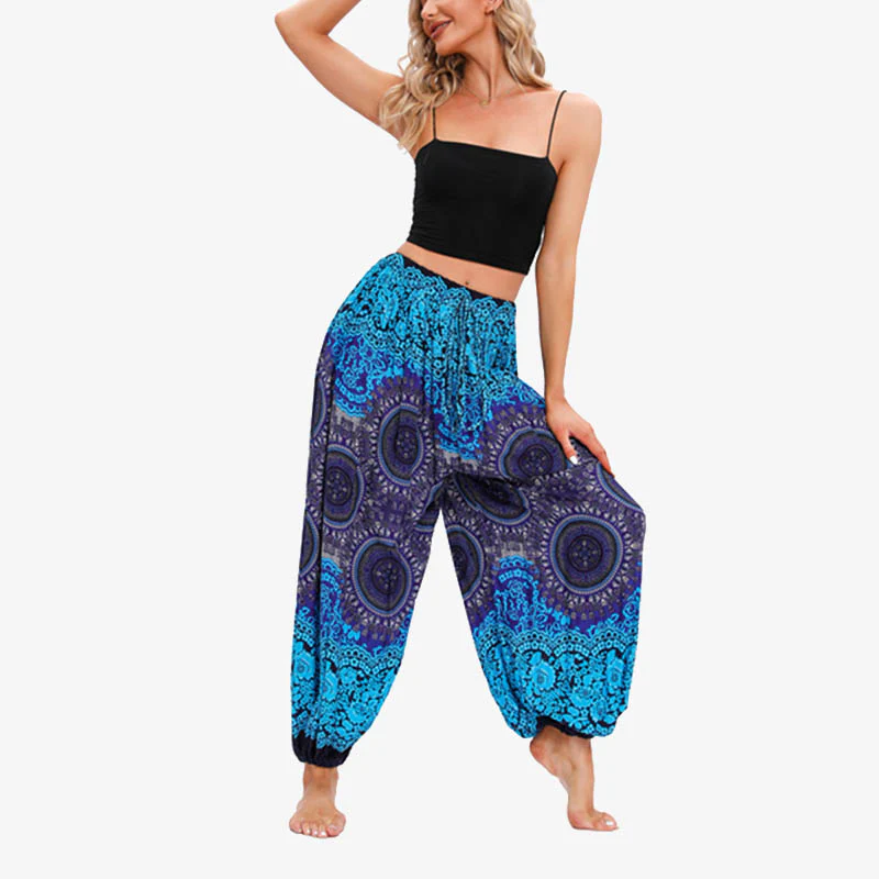 Pantaloni harem larghi da donna con fiori geometrici rotondi e Buddha Stones - Image 5