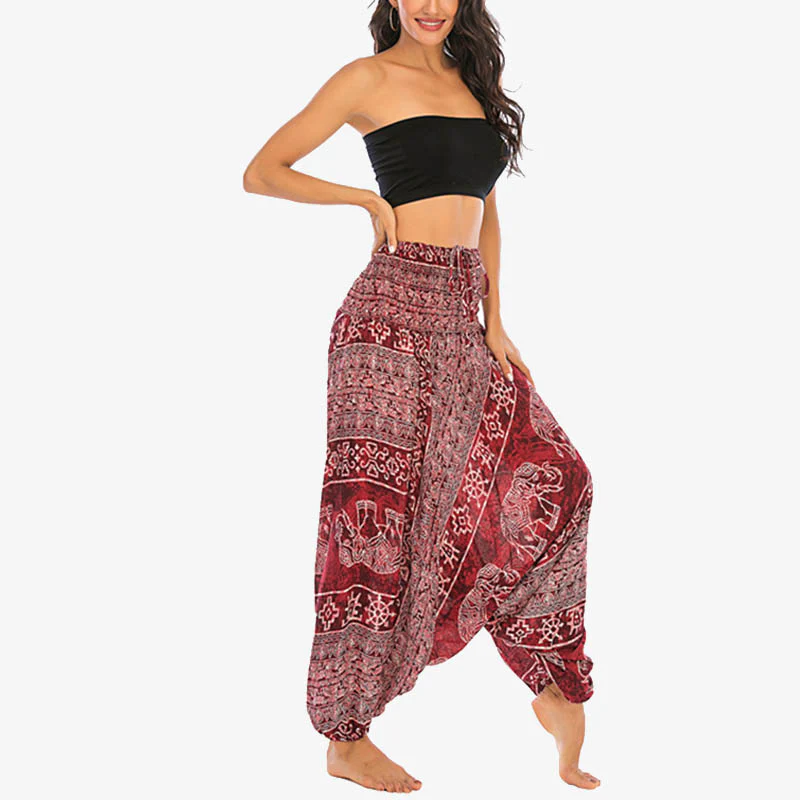 Pantaloni harem larghi e arricciati con motivo a elefante, tuta da yoga da donna, stile Buddha Stones, due stili - Image 3