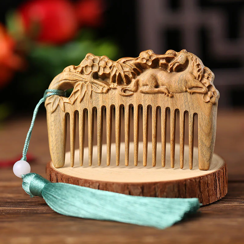 Pettine con nappa di cura inciso a forma di fiore di peonia volpe sandalo verde - Image 4