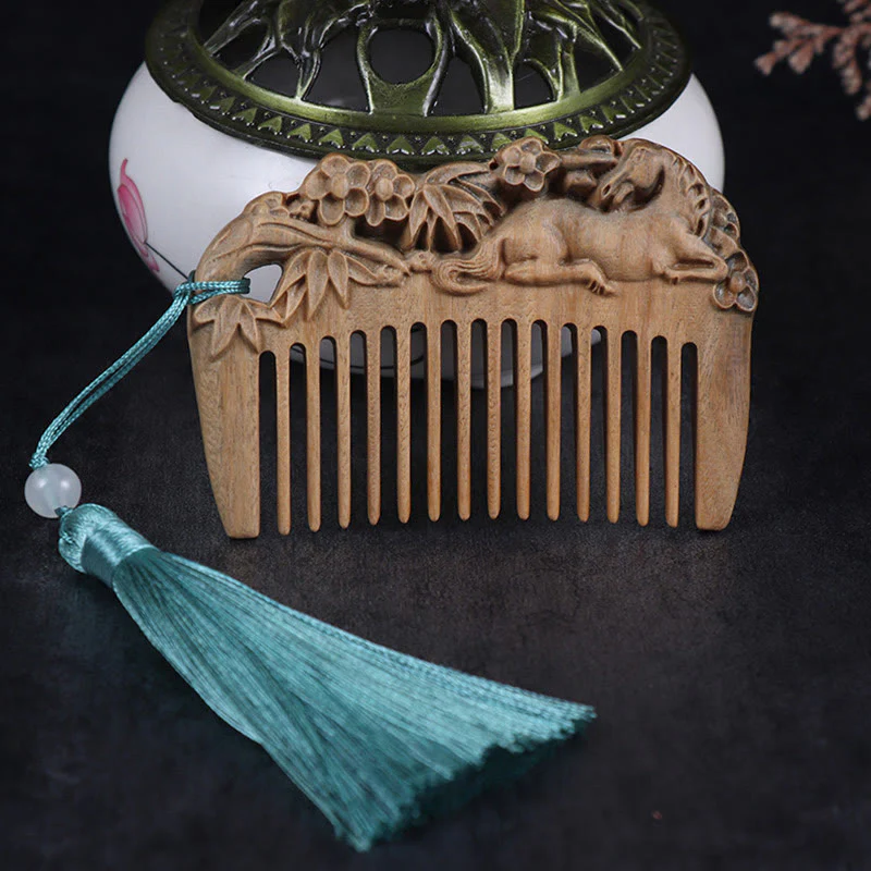 Pettine con nappa di cura inciso a forma di fiore di peonia volpe sandalo verde - Image 5