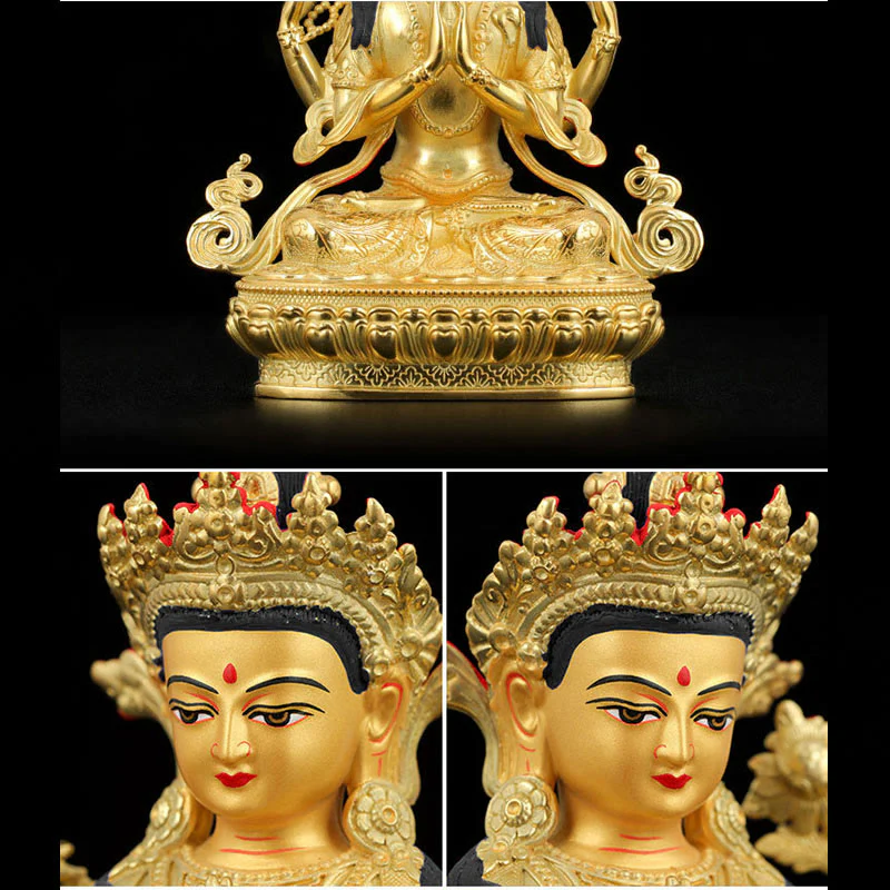 Statua di protezione di Avalokitesvara a quattro braccia di Chenrezig, placcata in oro e rame - Image 13