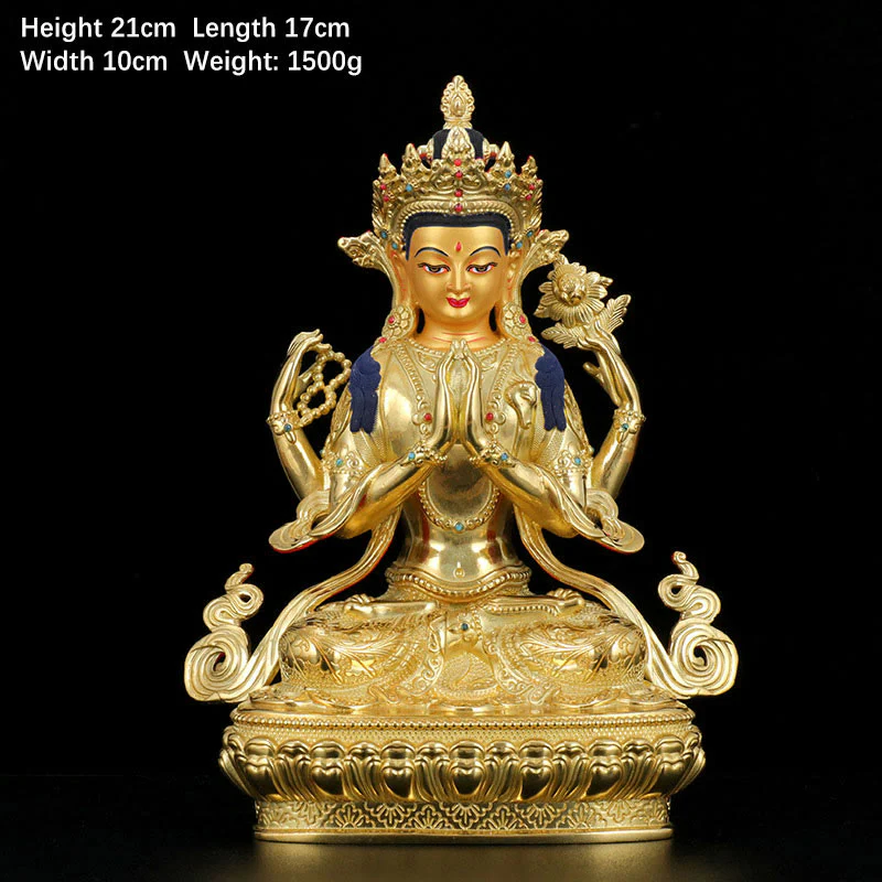 Statua di protezione di Avalokitesvara a quattro braccia di Chenrezig, placcata in oro e rame - Image 3