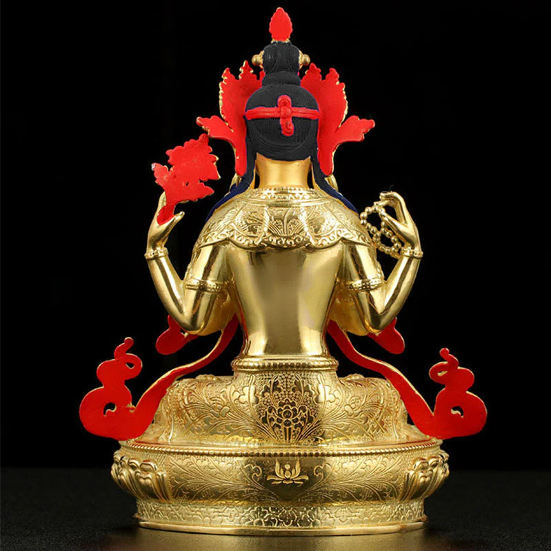 Statua di protezione di Avalokitesvara a quattro braccia di Chenrezig, placcata in oro e rame - Image 8